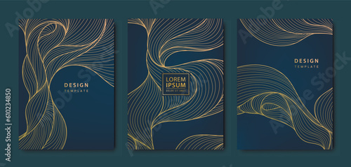 Vector set of abstract wavy liquid cards, hand drawn line waves. Golden luxury covers, japanese style package, posts, brochures.