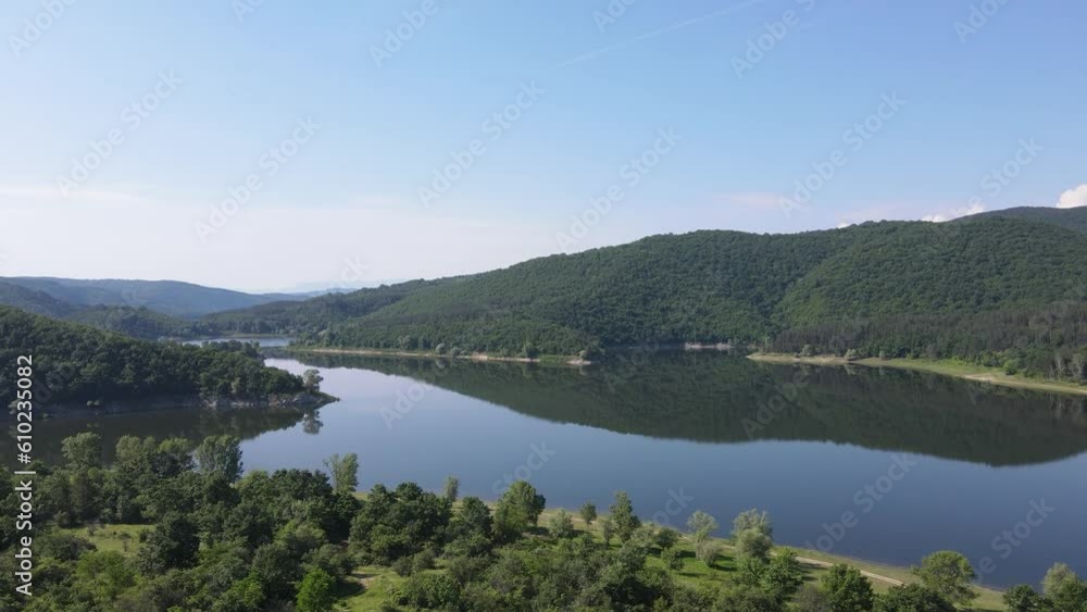 Aerial Spring view of Topolnitsa Reservoir, Sredna Gora Mountain, Bulgaria Aerial Spring view of Topolnitsa Reservoir, Sredna Gora Mountain, Bulgaria
