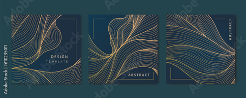 Vector set of abstract wavy liquid cards, hand drawn line waves. Golden luxury covers, japanese style package, posts, brochures.