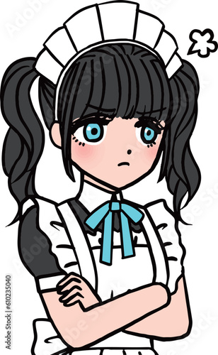 怒って腕組みをするブルーの胸のリボンをつけた黒髪メイド