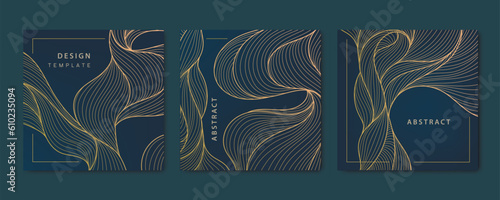 Vector set of abstract wavy liquid cards, hand drawn line waves. Golden luxury covers, japanese style package, posts, brochures.