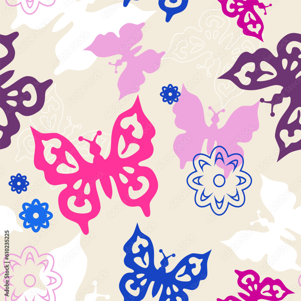 .Multicolored silhouettes of butterflies. Vector seamless pattern.
