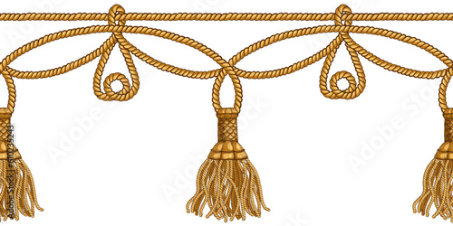    .Tassels  with ornaments on the cords. Vector border seamless pattern on white  background..