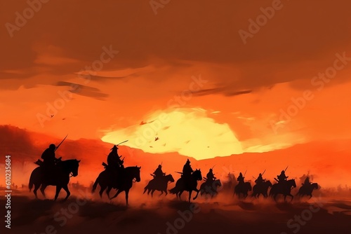 mongolia army ride horse cavalry silhouette with red sunlight as background, generative AI