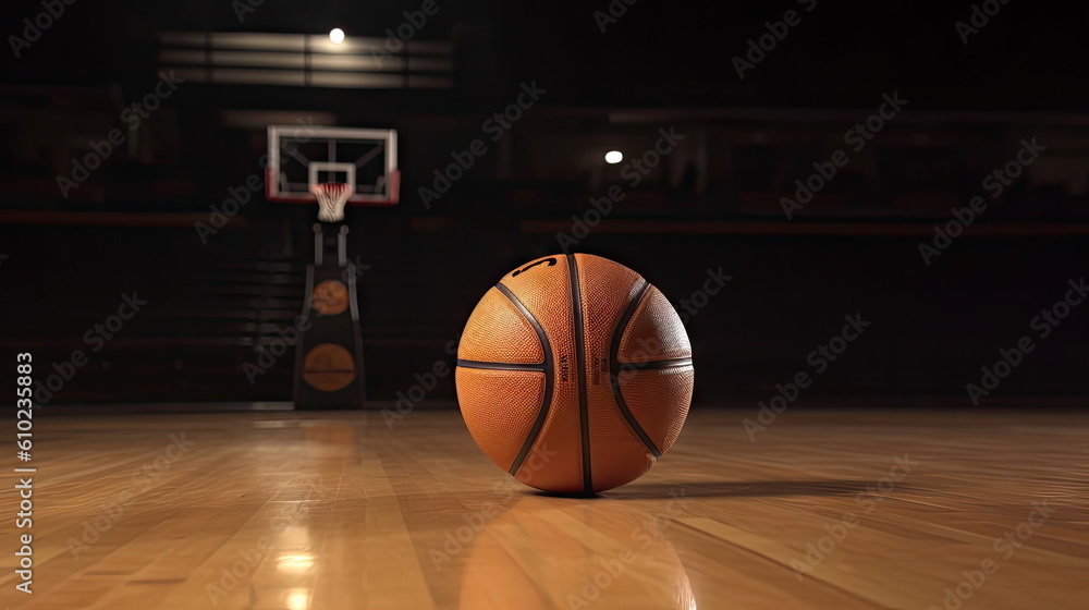 Basketball on wooden floor with stadium background Basketball on wooden floor with stadium background