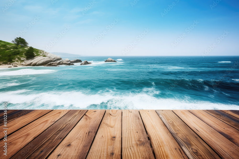 Fototapeta premium wooden board with sea background