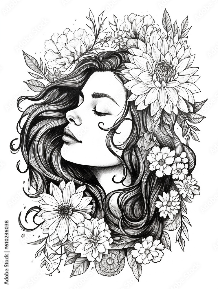 Black and white woman and flowers, adult coloring page