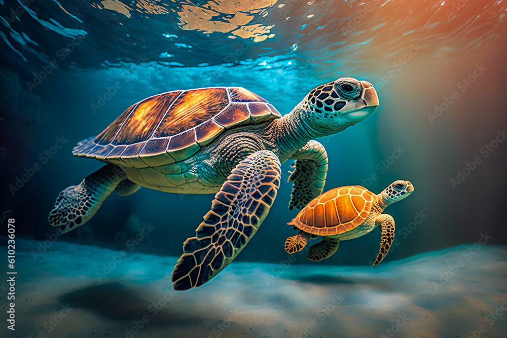 Fototapeta premium Sea turtle swimming in the under sea , Beautiful Underwater and colorfull coral in wild nature of the Pacific Ocean , Created with generative AI