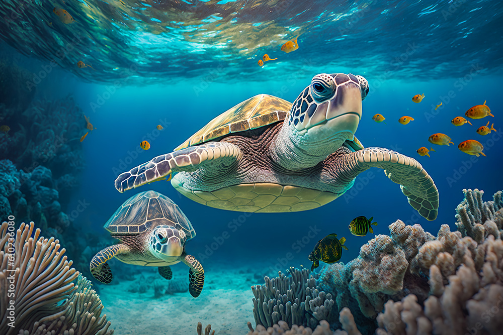 Fototapeta premium Sea turtle swimming in the under sea , Beautiful Underwater and colorfull coral in wild nature of the Pacific Ocean , Created with generative AI