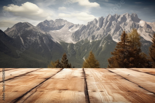 wooden board with mountain background © waranyu