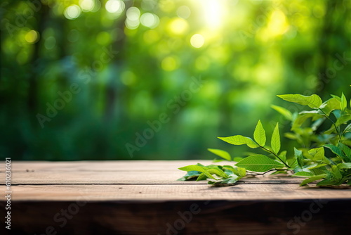 wooden board with green nature background