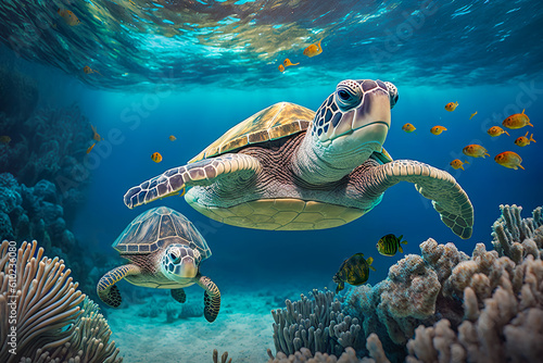 Sea turtle swimming in the under sea , Beautiful Underwater and colorfull coral in wild nature of the Pacific Ocean , Created with generative AI © Atchariya63