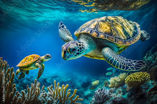 Sea turtle swimming in the under sea , Beautiful Underwater and colorfull coral in wild nature of the Pacific Ocean , Created with generative AI
