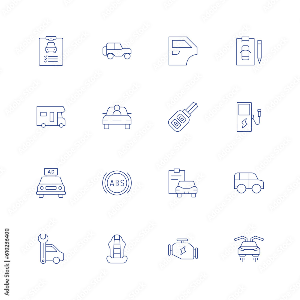 Car icon set. Editable stroke. Thin line icon. Containing car, suv car, car door, clipboard, caravan, car key, electric, abs, diagnostic, maintenance, seat, car engine, flying car.