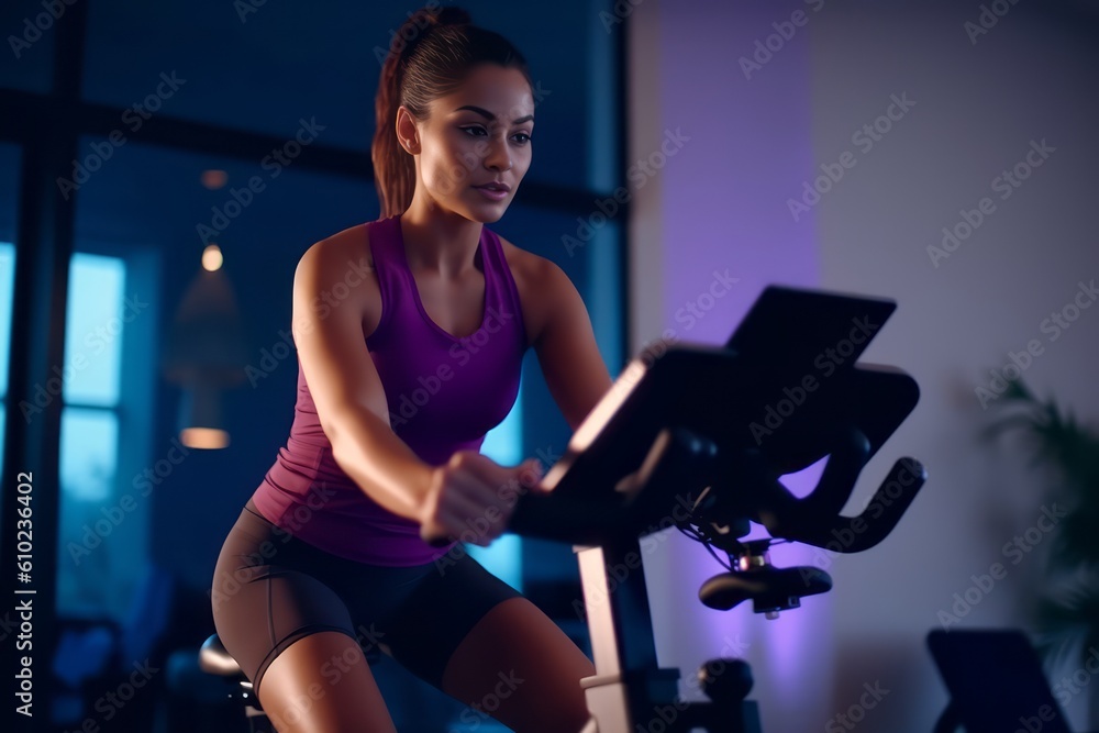 Exercise bike workout young woman training in fitness class. Generative AI Exercise bike workout young woman training in fitness class. Generative AI