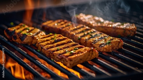 sliced Tempeh being cooked on a grill, with grill marks and sizzling