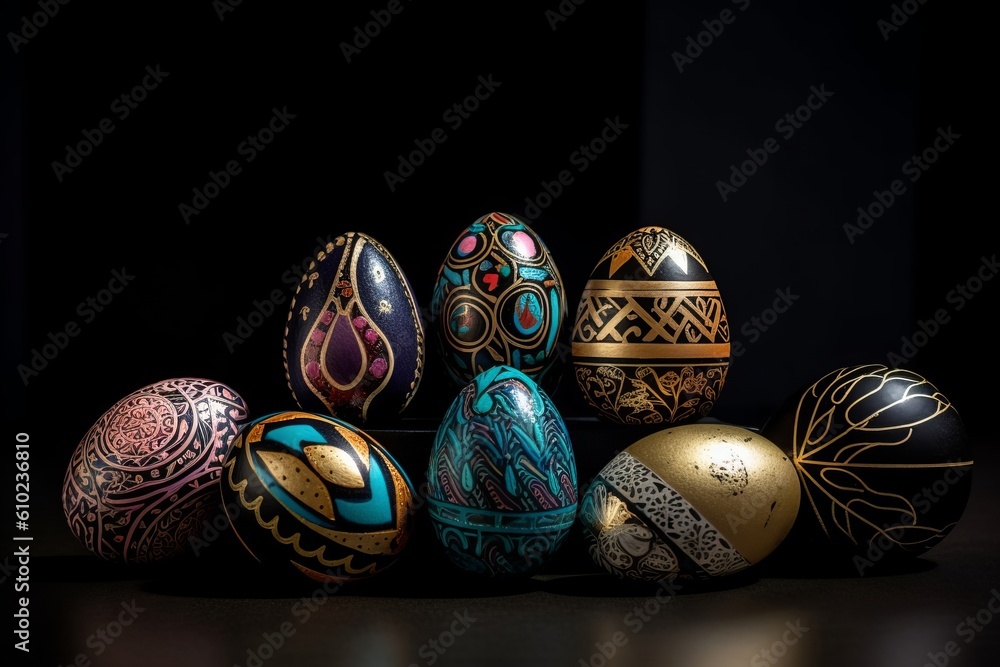 variety of decorated, painted eggs displayed on a velvet surface variety of decorated, painted eggs displayed on a velvet surface