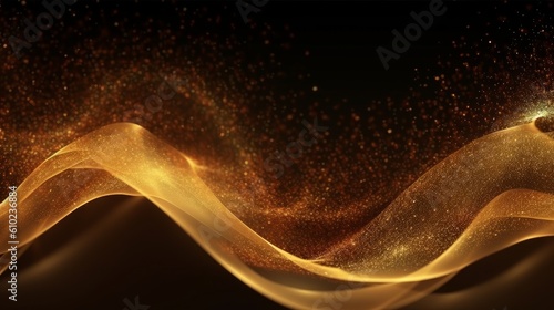 Digital particles of a flowing wave of golden color. Generative AI