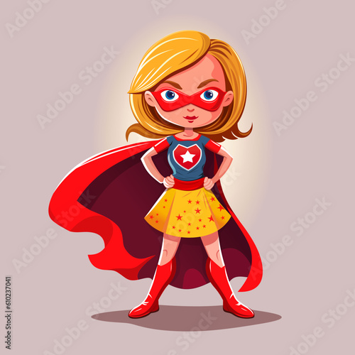 Young woman dressed as a superhero wearing a red mask and a red cloak