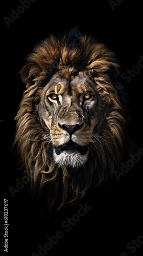 Head of a lion on a black background. Concept of strength and power. Generative AI © ColdFire