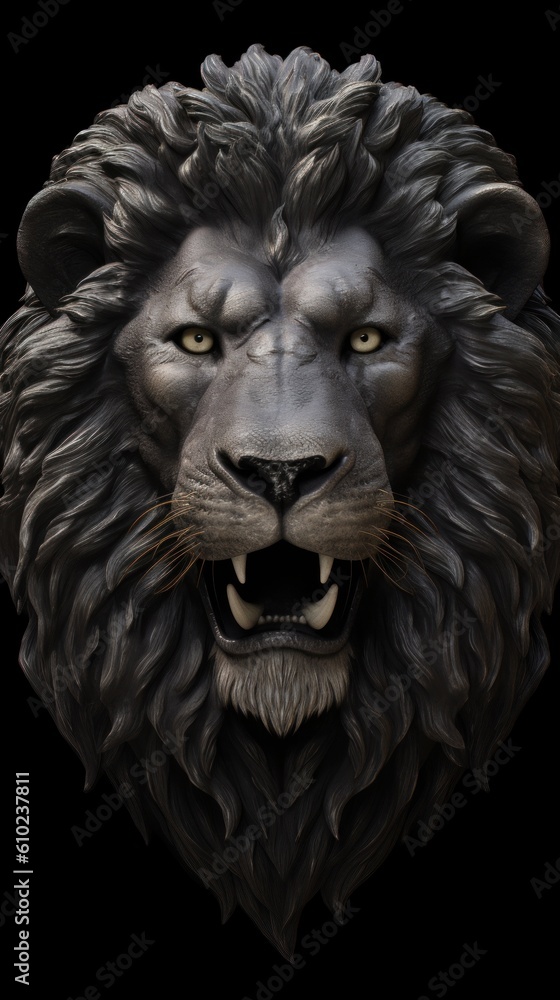 Head of a lion on a black background. Concept of strength and power. Generative AI