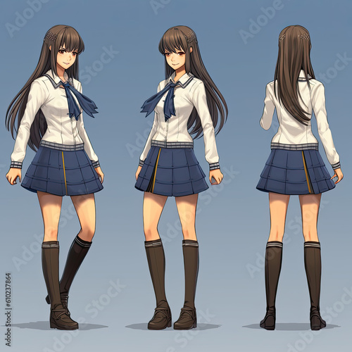 Anime-style depiction of a girl in a school uniform Visual novel protagonist with a white background