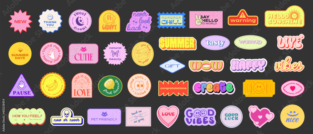 Set Of Y2k Stickers Vector Design. Cool Pop Art Elements. Trendy Patches. Retro Graphics. Geometric Shapes. - obrazy, fototapety, plakaty 
