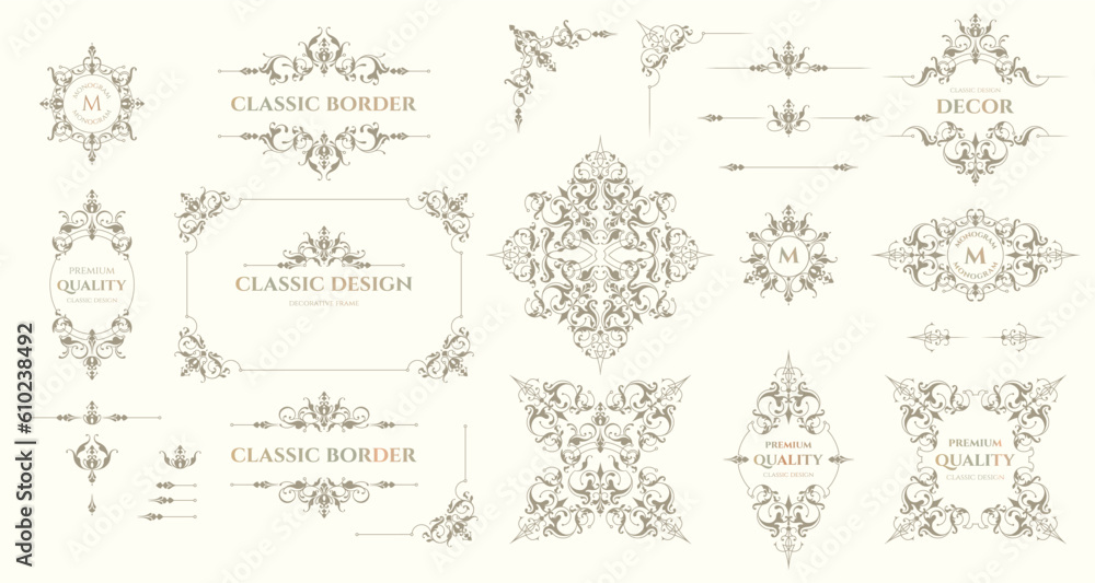 Set of decorative title borders, frames, corners and monograms. Graphic ...