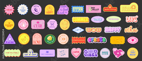Set Of Y2k Stickers Vector Design. Cool Pop Art Elements. Trendy Patches. Retro Graphics. Geometric Shapes.