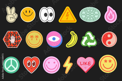 Set Of Y2k Stickers Vector Design. Cool Pop Art Elements. Trendy Patches. Comic Retro Graphics. Cartoon Character Emoji.