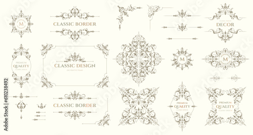Set of decorative title borders, frames, corners and monograms. Graphic design page. Ornamental pattern.