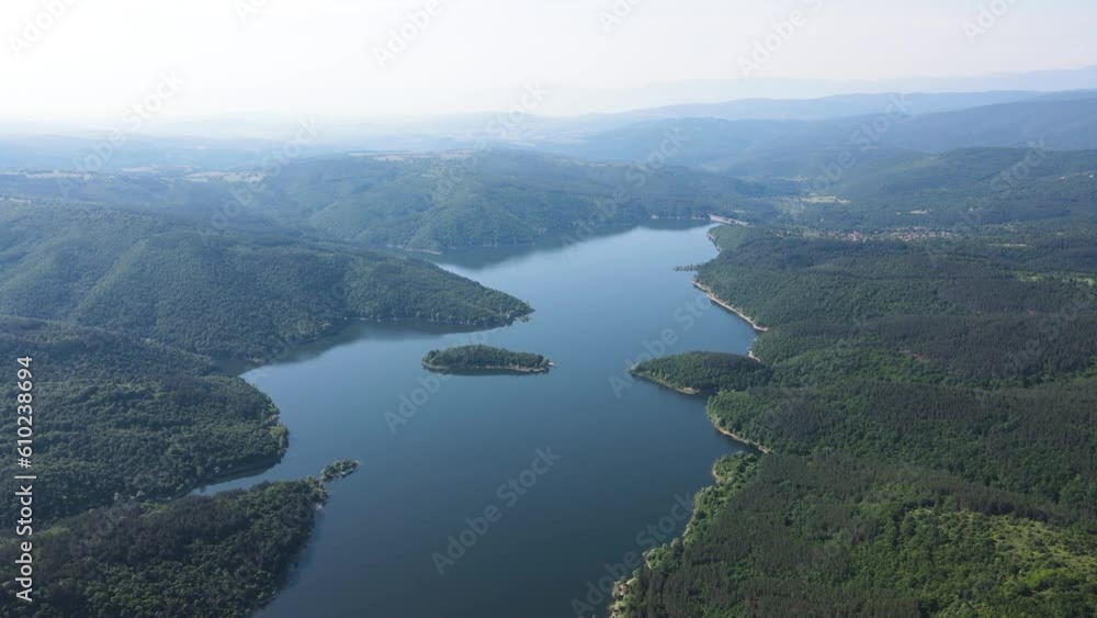 Aerial Spring view of Topolnitsa Reservoir, Sredna Gora Mountain, Bulgaria Aerial Spring view of Topolnitsa Reservoir, Sredna Gora Mountain, Bulgaria