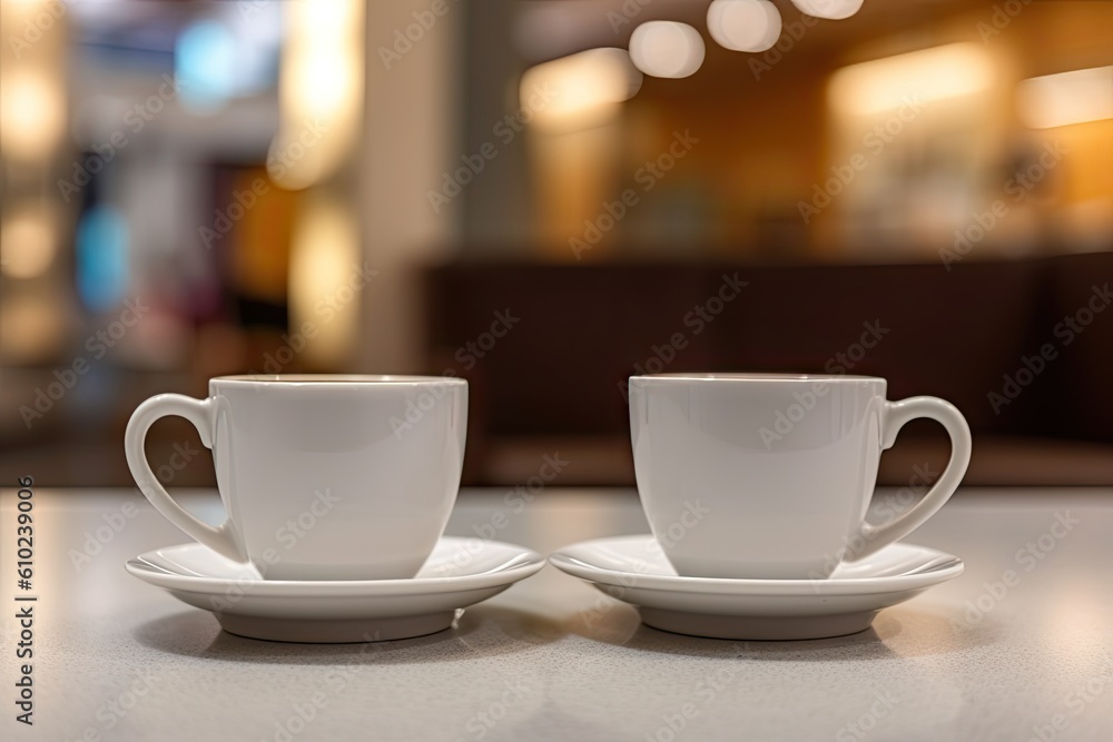 Elegant cafe delight. Two white coffee cups on a restaurant table on blur hotel background Elegant cafe delight. Two white coffee cups on a restaurant table on blur hotel background