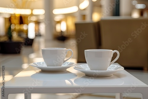 Elegant cafe delight. Two white coffee cups on a restaurant table on blur hotel background