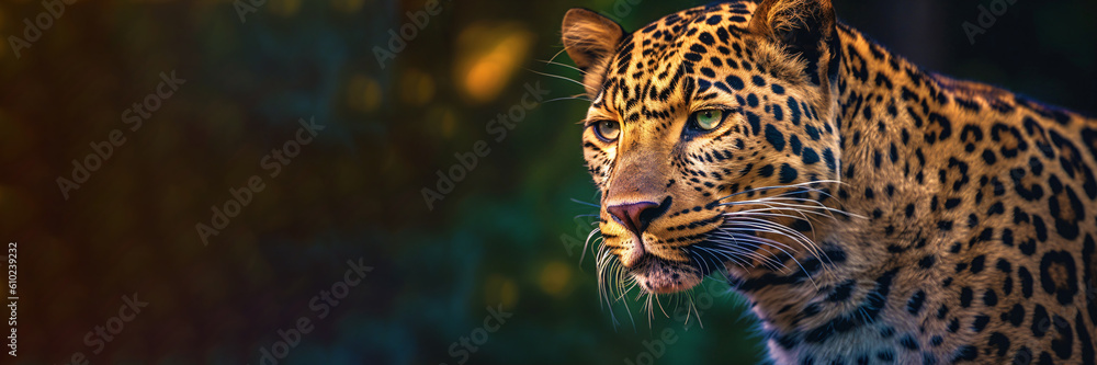 Naklejka premium Bokeh portrait of a leopard in the background of blured lights, Generative AI