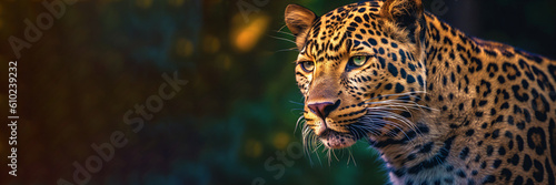 Bokeh portrait of a leopard in the background of blured lights, Generative AI © overrust