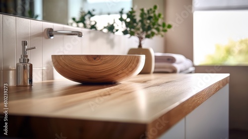 Wooden table top with blurred bathroom background. Generative AI © ColdFire