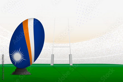 Marshall Islands national team rugby ball on rugby stadium and goal posts, preparing for a penalty or free kick.