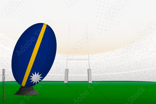 Nauru national team rugby ball on rugby stadium and goal posts, preparing for a penalty or free kick.