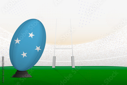 Micronesia national team rugby ball on rugby stadium and goal posts, preparing for a penalty or free kick.