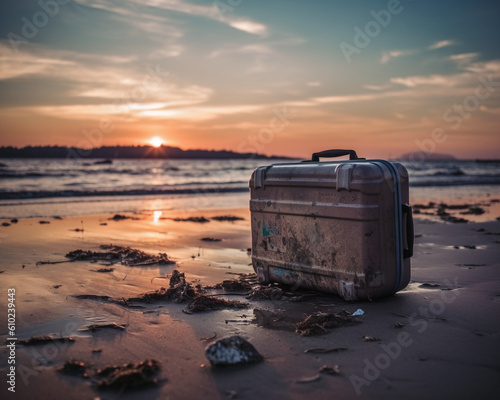 Ramponierter Koffer auf einem Strand beim Sonnenuntergang, generative AI