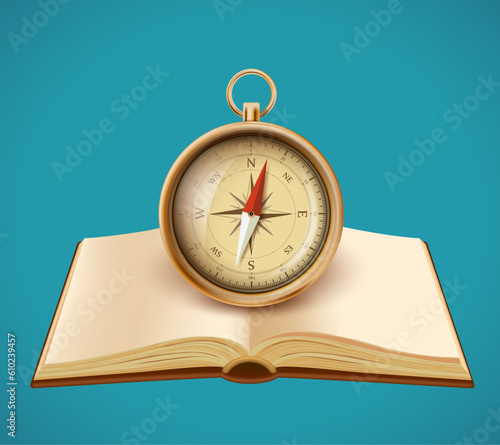 Open book with a compass at the top. Vector illustration