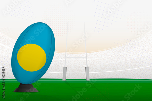 Palau national team rugby ball on rugby stadium and goal posts, preparing for a penalty or free kick.