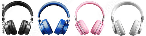 Colection of headphones in four different colours (black, blue, pink and white) isolated on a transparent background, generative AI technology bundle photo