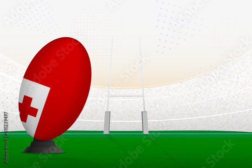 Tonga national team rugby ball on rugby stadium and goal posts, preparing for a penalty or free kick.