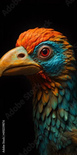 portrait of a jungle bird isolated on black background, generative ai