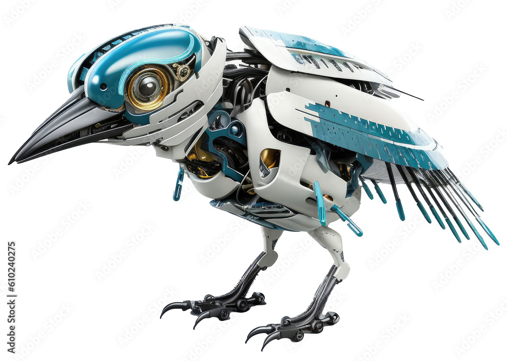 Blue robotic bird as mechanical cyber animal isolated on a white ...