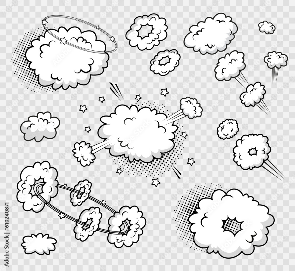 Funny smoke shapes in pop art style. Cartoon bomb explosion. Speech bubble element. Retro frame with balloons and wind. Sky air banner. Comic background with speed clouds. Vector illustration. Funny smoke shapes in pop art style. Cartoon bomb explosion. Speech bubble element. Retro frame with balloons and wind. Sky air banner. Comic background with speed clouds. Vector illustration.