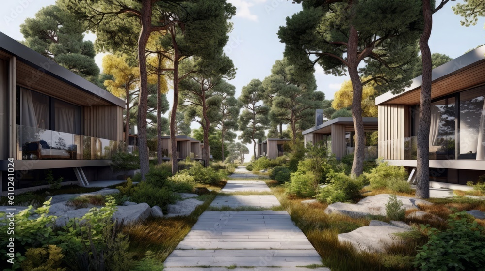 Tranquil Scandinavian-Style Residential Property with Path and Trees. Wood Contemporary Urbanism.