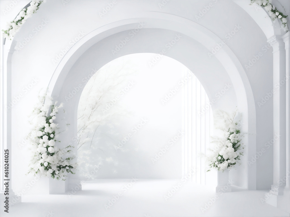 white room with curve and flowers, Generative AI Illustration.